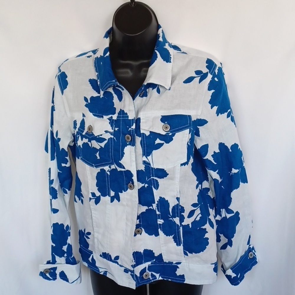 Cynthia Rowley Cobalt Blue & White Floral Linen Jean Jacket, M, 19" PTP, 23" L